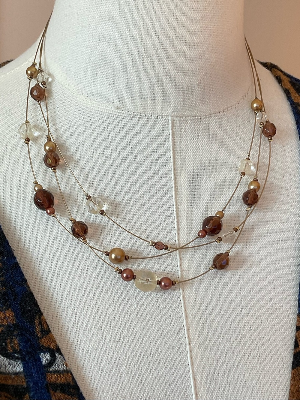 3 -Strand Brown and Gold Earthy Tones Floating Bead Necklace - Women's Jewelry
